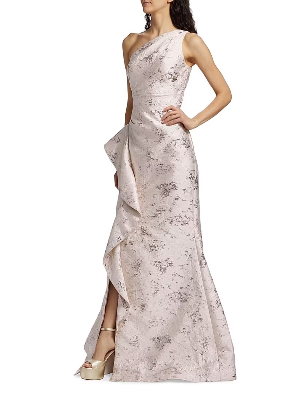 Teri Jon One-Shoulder Taupe Floral Jacquard Evening Dress